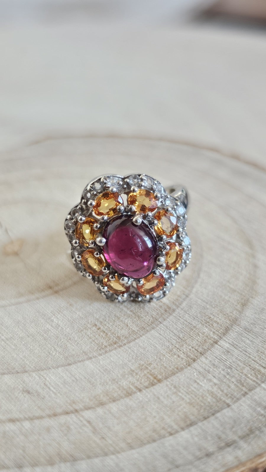 925 Sterling Silver Garnet ,Sapphire & Zircon Cluster Ring Size N 4.48g