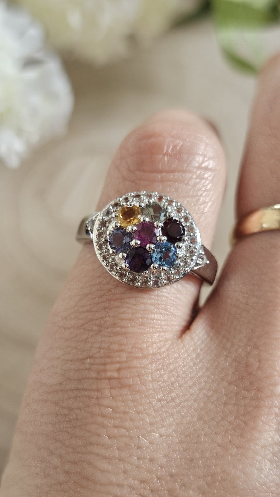 925 Sterling Silver Natural Multicolour Tourmaline Zircon Ring Size R TGGC