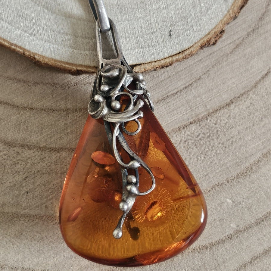 Vintage 925 Sterling Silver Large Amber Pendant Fully Hallmarked 16.46g