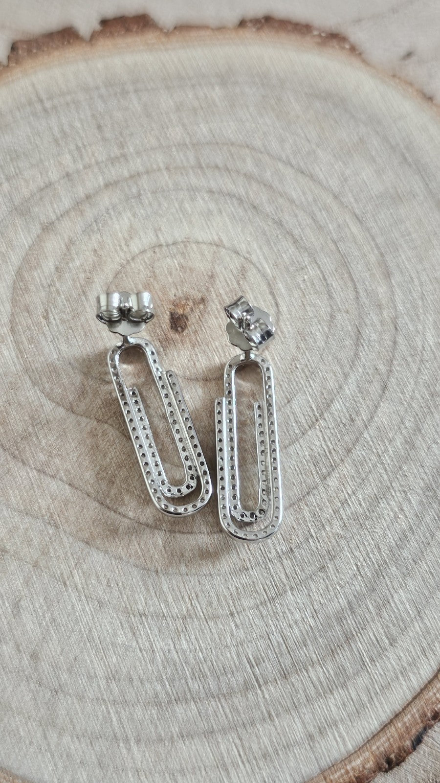 925 Sterling Silver CZ Paperclip Stud Earrings Sparkling Link Design