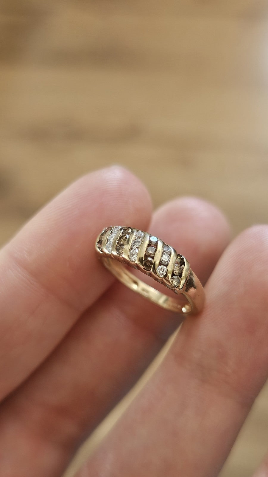 9ct Yellow Gold 0.63ct Champagne & White Diamond Three-Row Ring - Size L 1/2