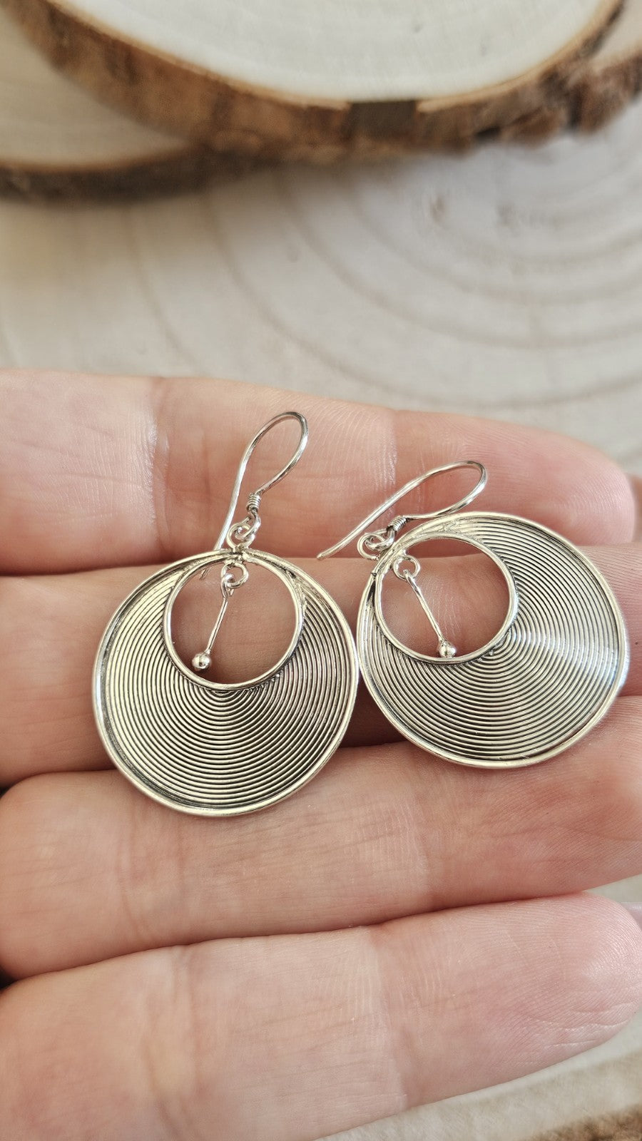 925 Sterling Silver Large Spiral Disc Drop Earrings Circular Dangle 3.64g
