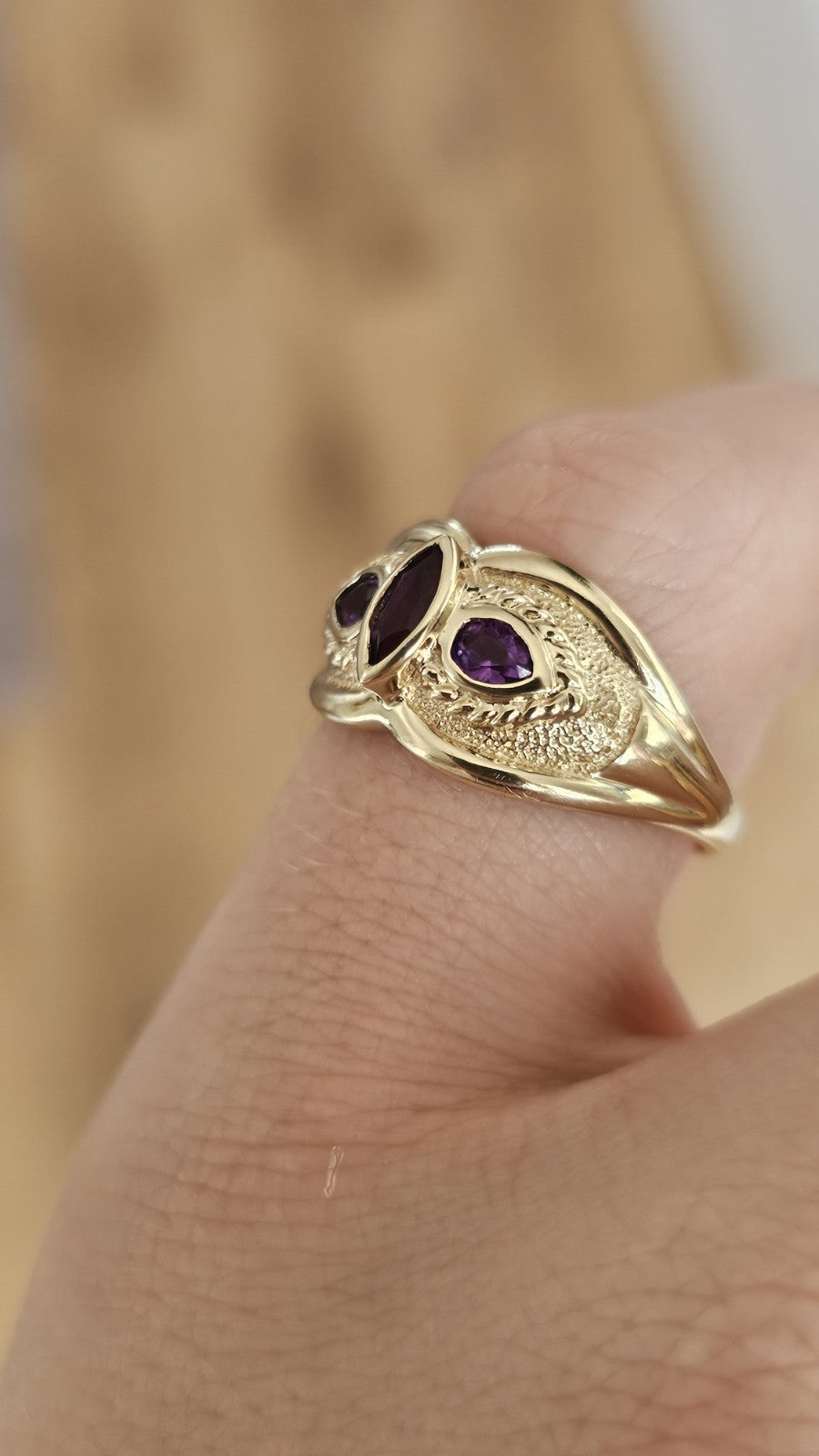 9ct Yellow Gold Amethyst Three Stone Statement Ring Size Q Hallmarked 3.60g