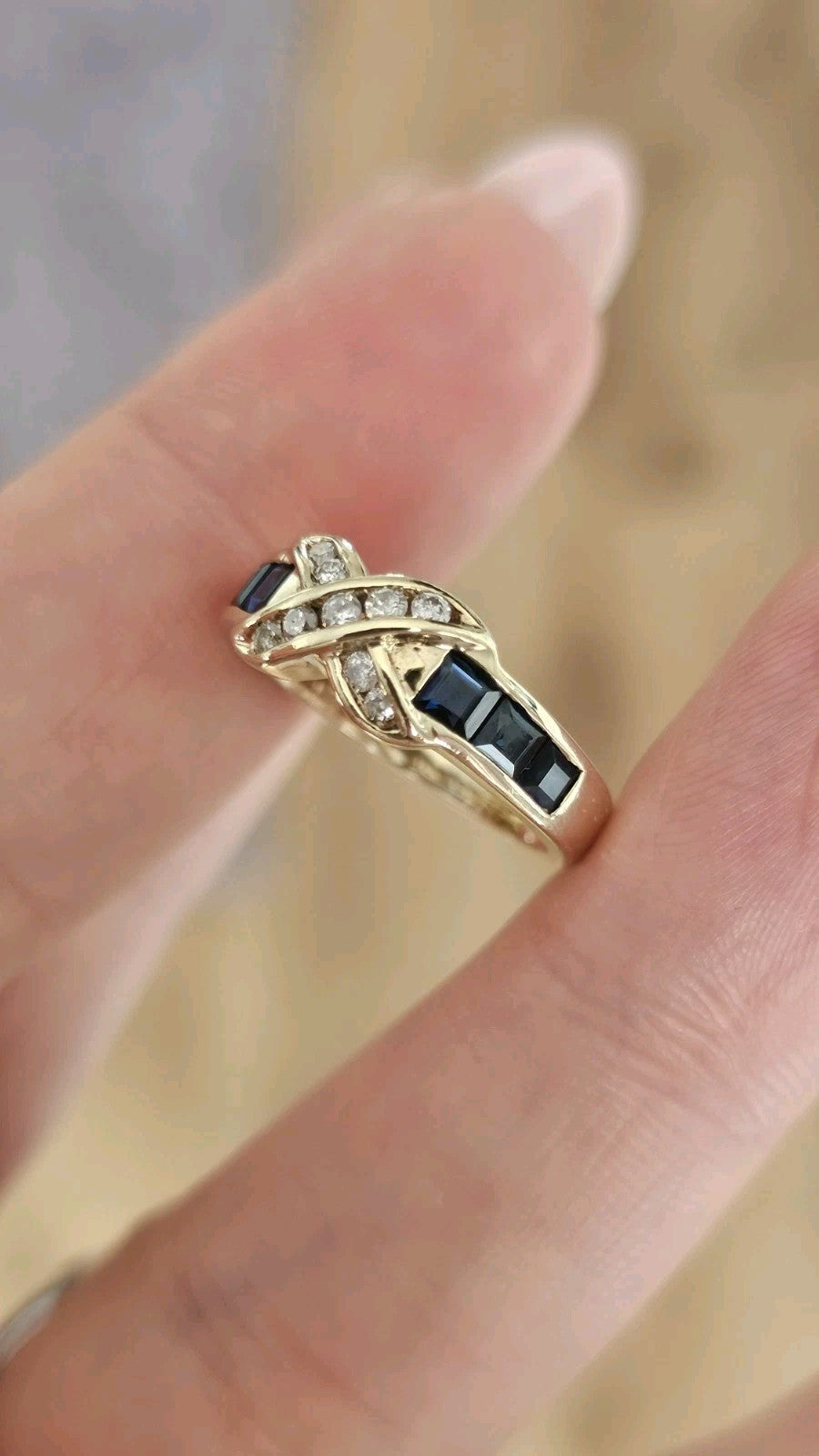 9ct Yellow Gold Natural Diamond Sapphire Crossover Ring Size L Hallmarked 2.70g