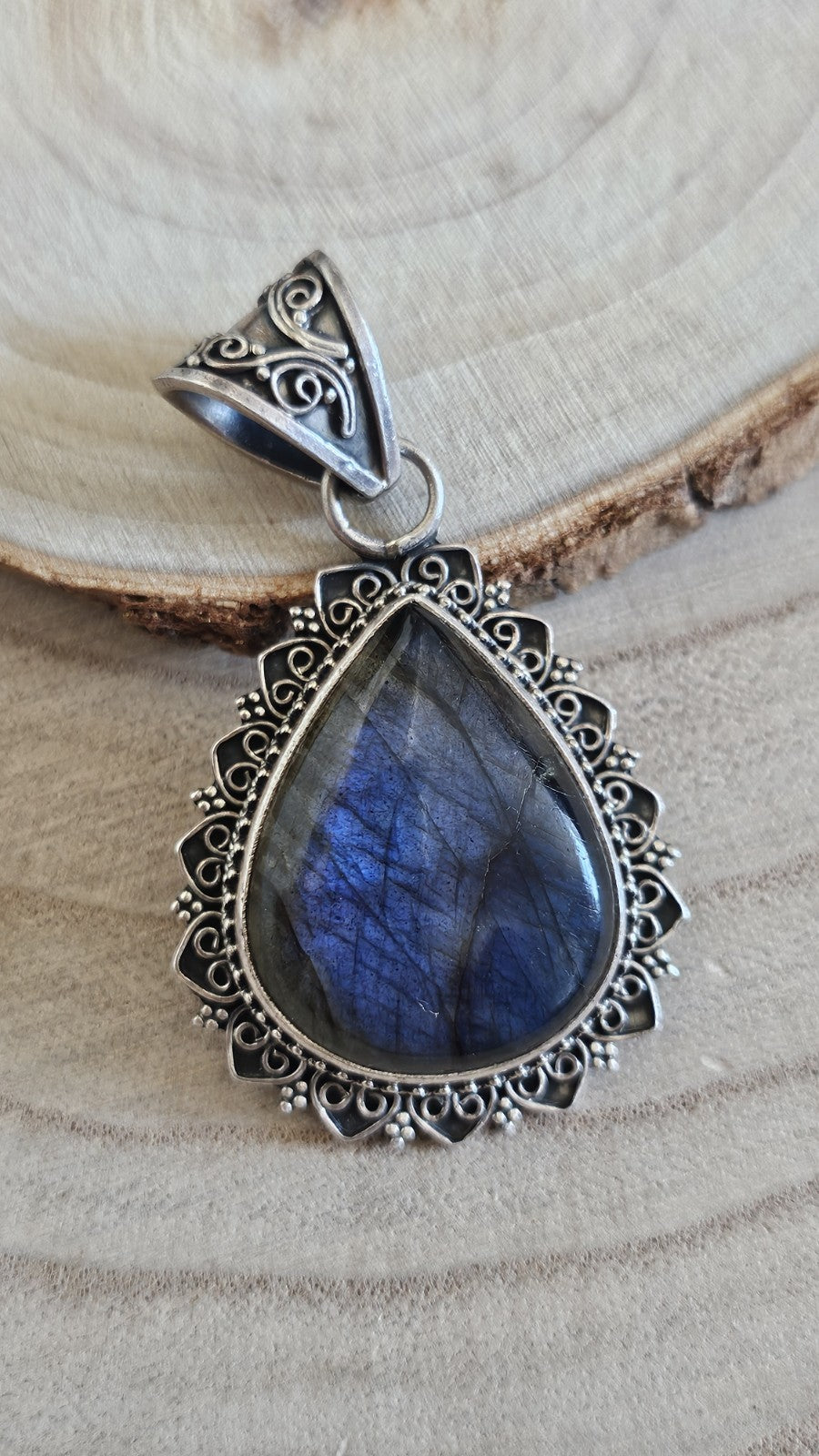 925 Sterling Silver Large Natural Labradorite Pendant Blue Flash 16.31g