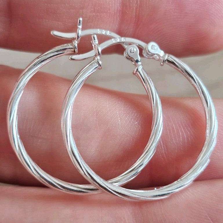 925 Sterling Silver Twisted Hoop Earrings 27.5mm Medium Hoops Stamped 925