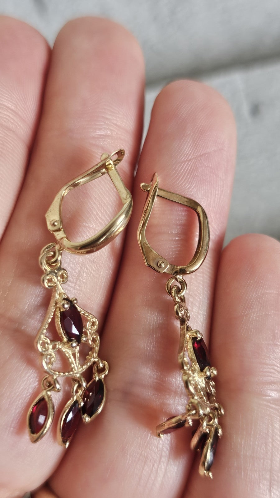 Vintage 9ct Yellow Gold Garnet Chandelier Drop Earrings 3.61g 41mm 375