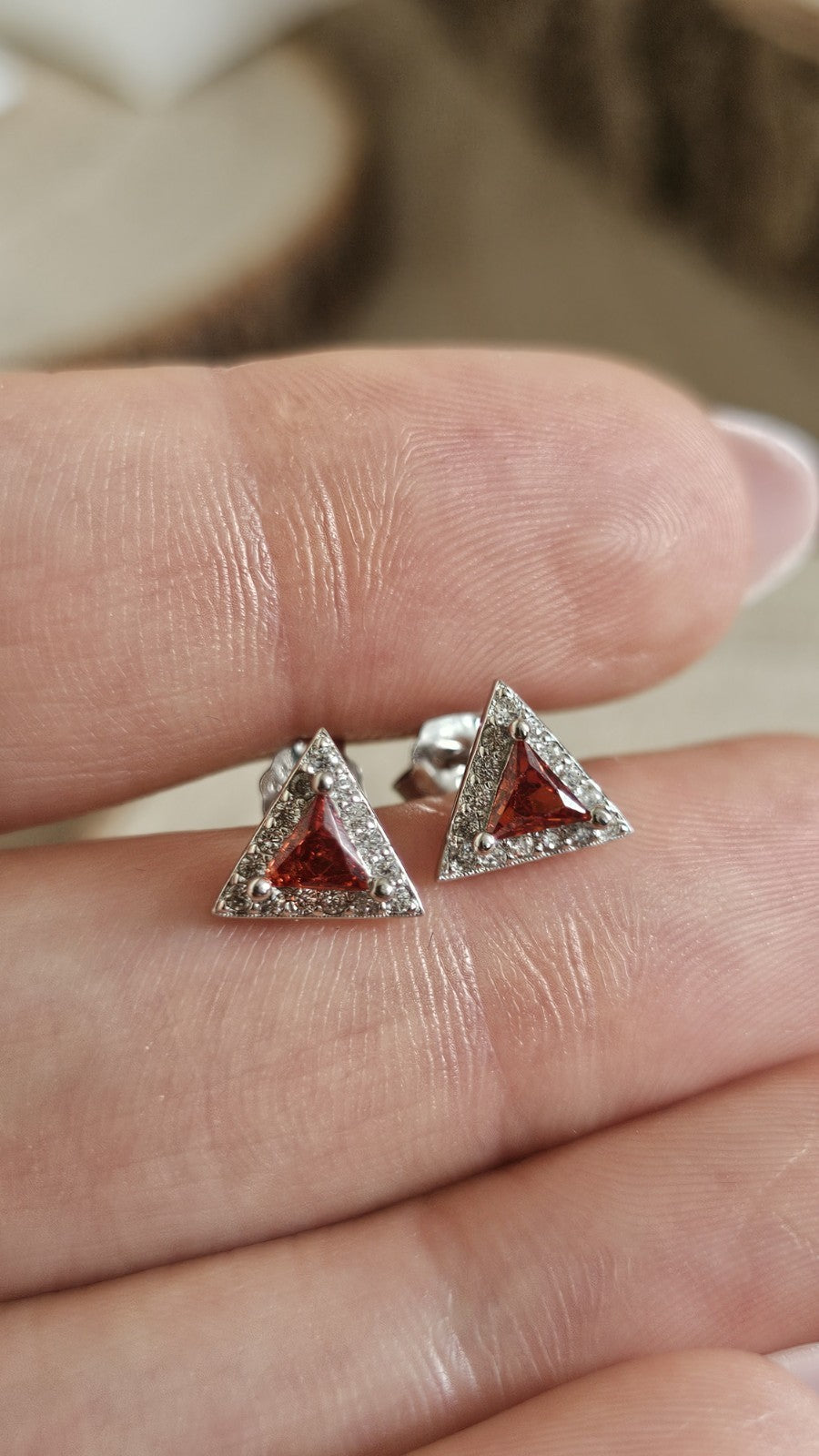 925 Sterling Silver Garnet Red CZ Triangle Stud Earrings 8.78mm