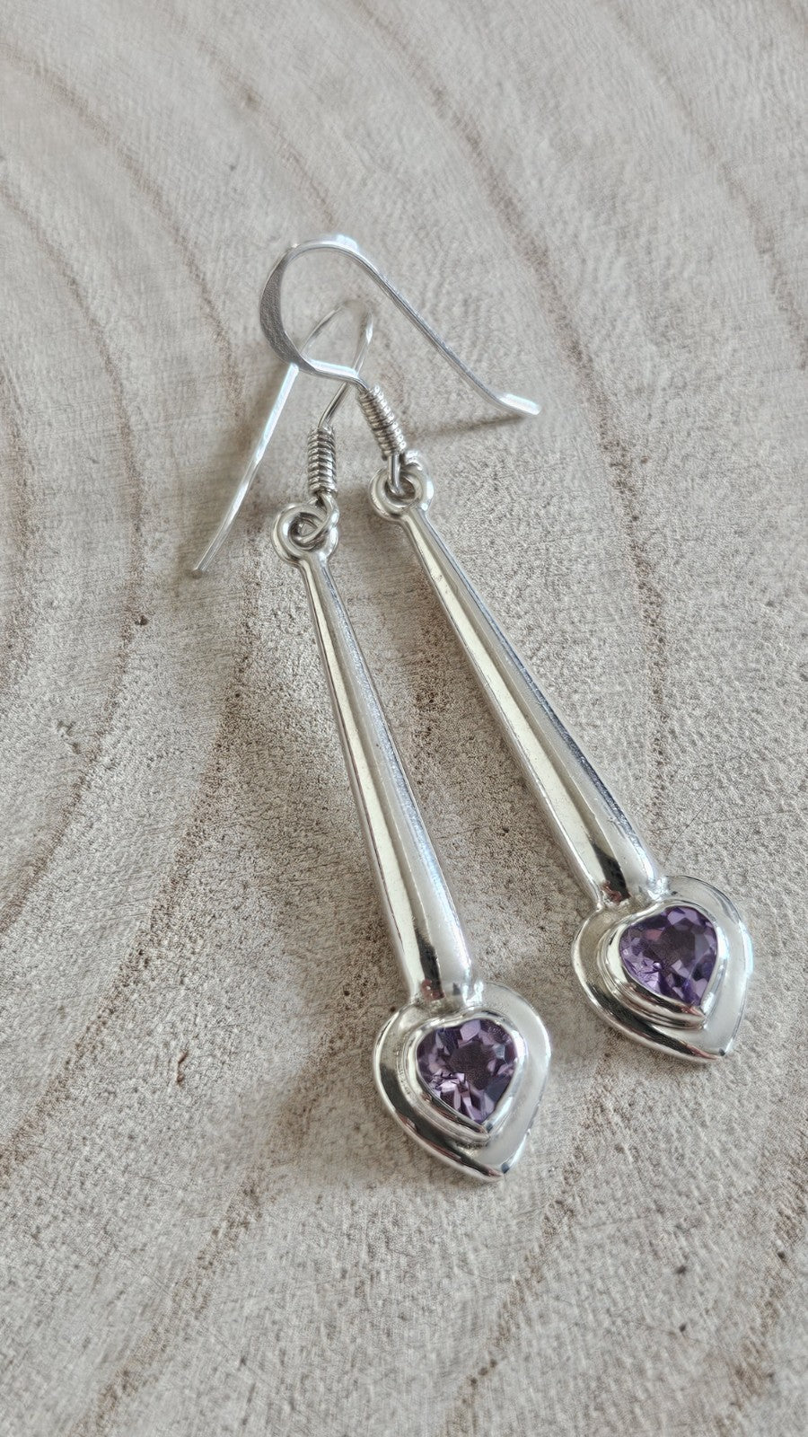 925 Sterling Silver Amethyst Heart Drop Dangle Earrings Stamped 925