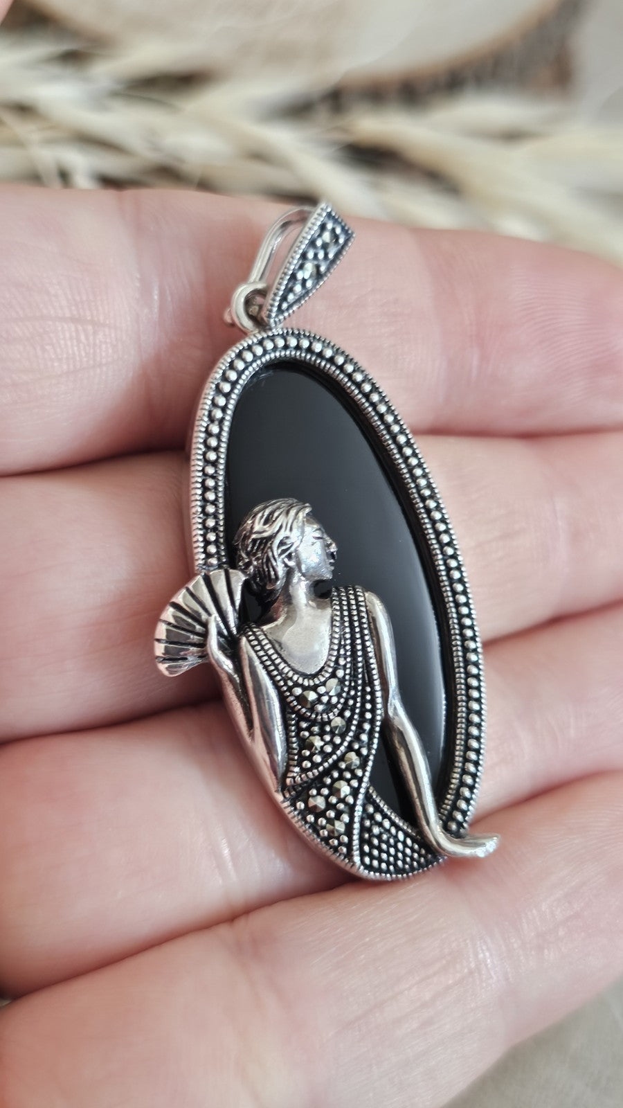 Vintage 925 Sterling Silver Black Onyx Marcasite Lady Pendant Art Deco 12.06g