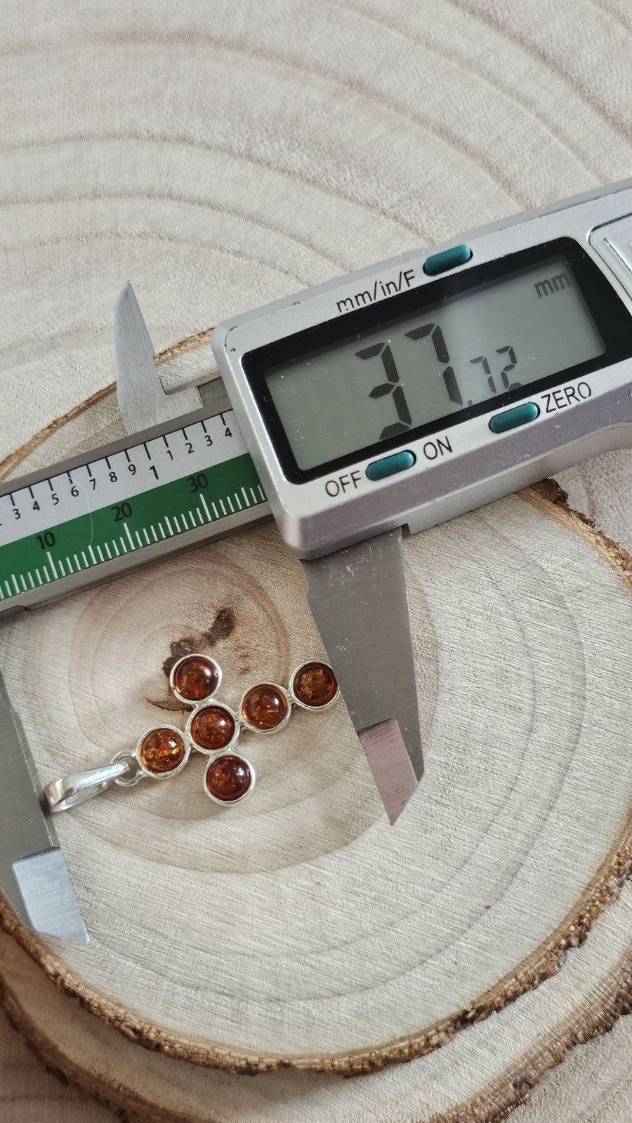 925 Sterling Silver Genuine Amber Cross Pendant Honey Cognac 37.7mm 3.10g