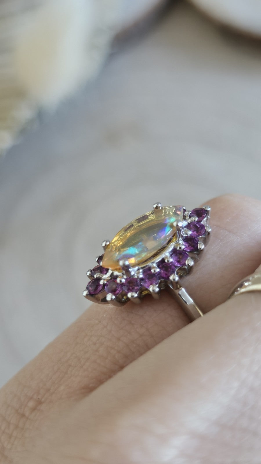 925 Sterling Silver Opal Rhodolite Garnet Halo Statement Ring Size N 1/2 3.90g