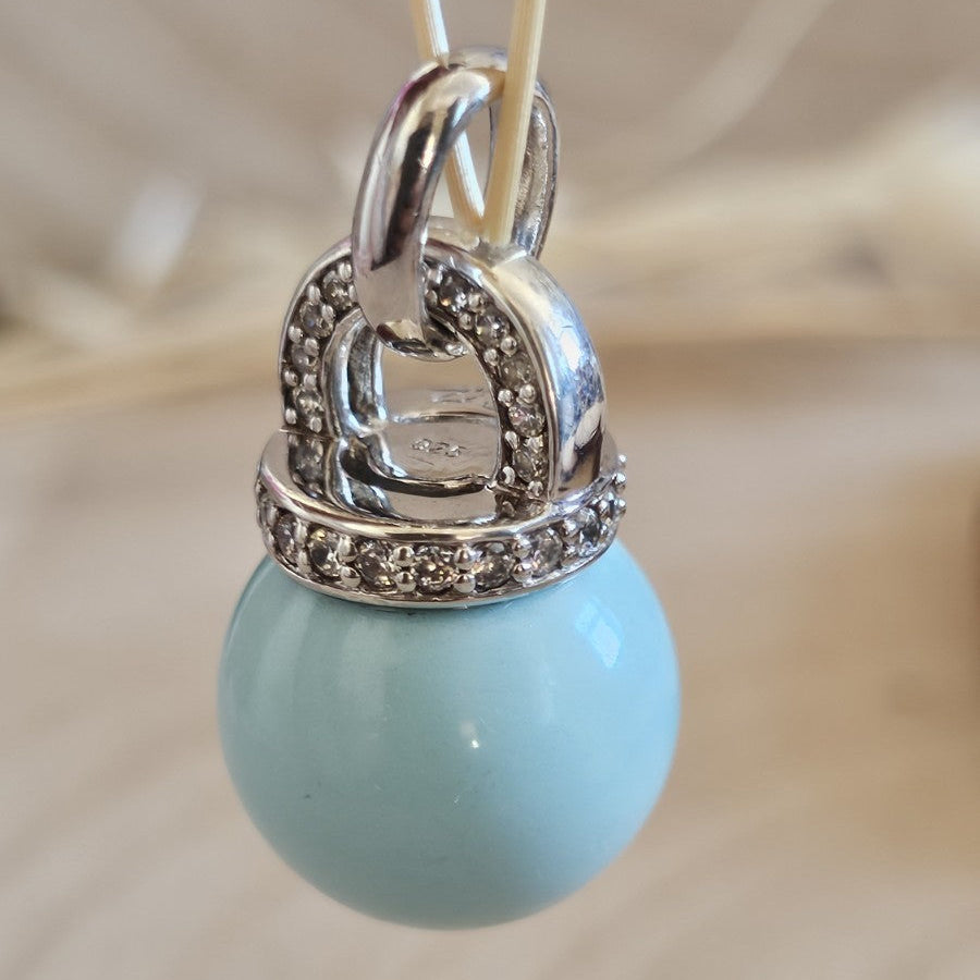 TI SENTO Milano 925 Sterling Silver Aqua Blue Ball Pendant CZ Signed