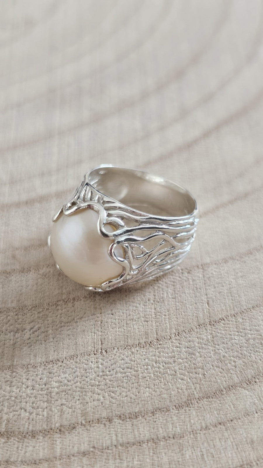 Vintage 925 Sterling Silver Large Pearl Statement Ring – Size R 1/2 – 7.59g