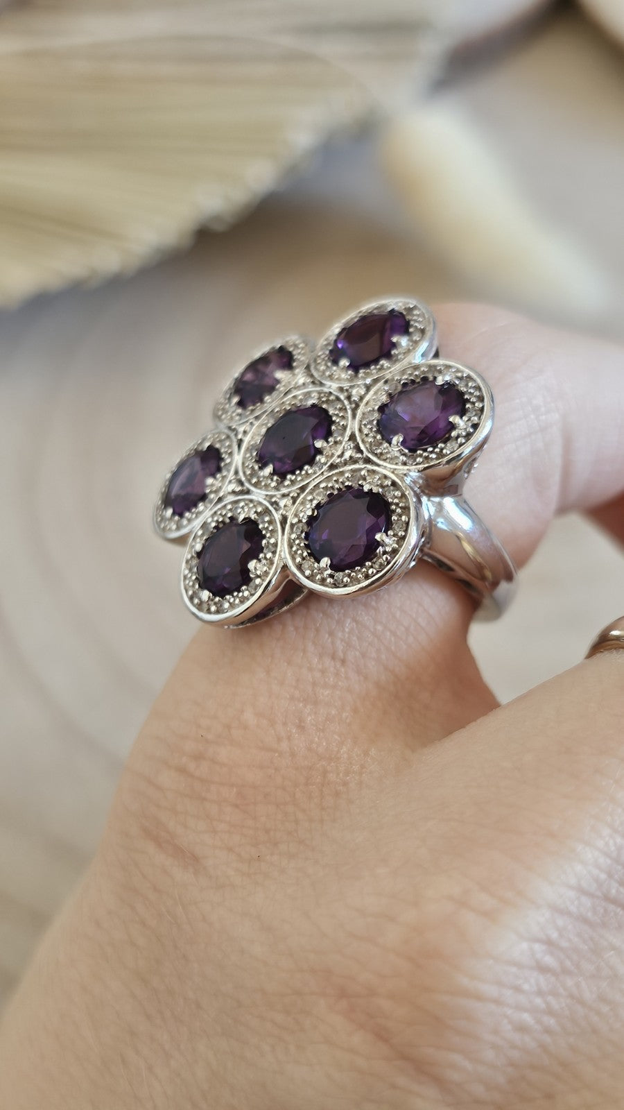 TGGC 925 Sterling Silver Amethyst Zircon Cluster Ring Size N 1/2 10.17g
