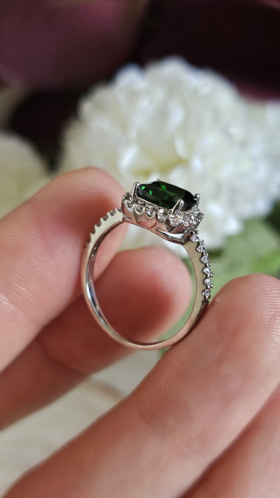 925 Sterling Silver Green CZ Halo Ring Size Q Cushion Cut 3.06g