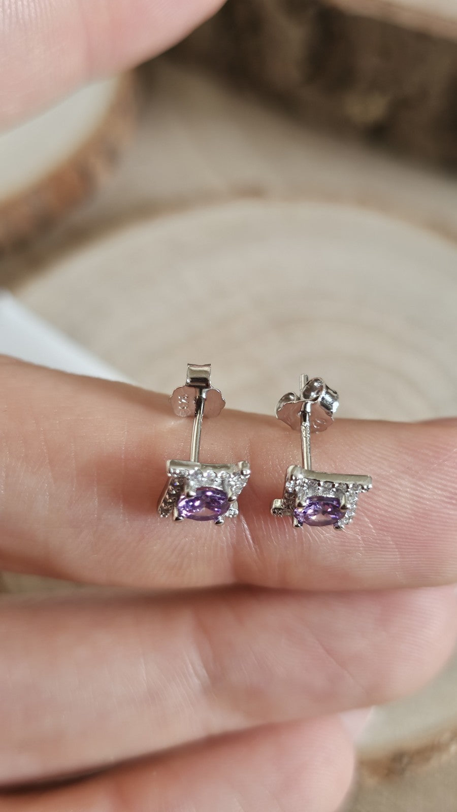 925 Sterling Silver Amethyst CZ Stud Earrings Rhodium Plated 7mm New in Box