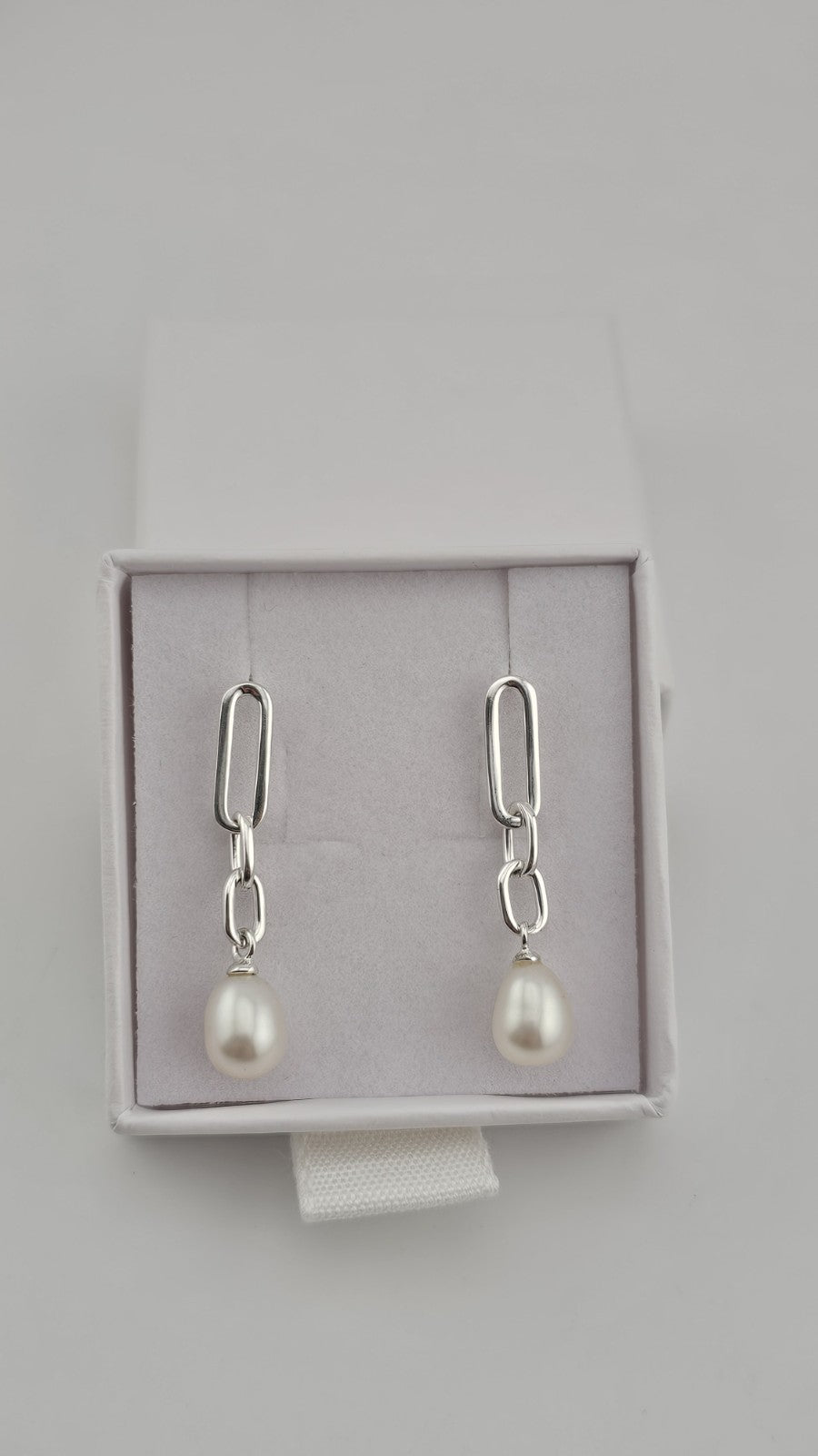 925 Sterling Silver Pearl Drop Dangle Earrings – New Boxed, 33mm length 