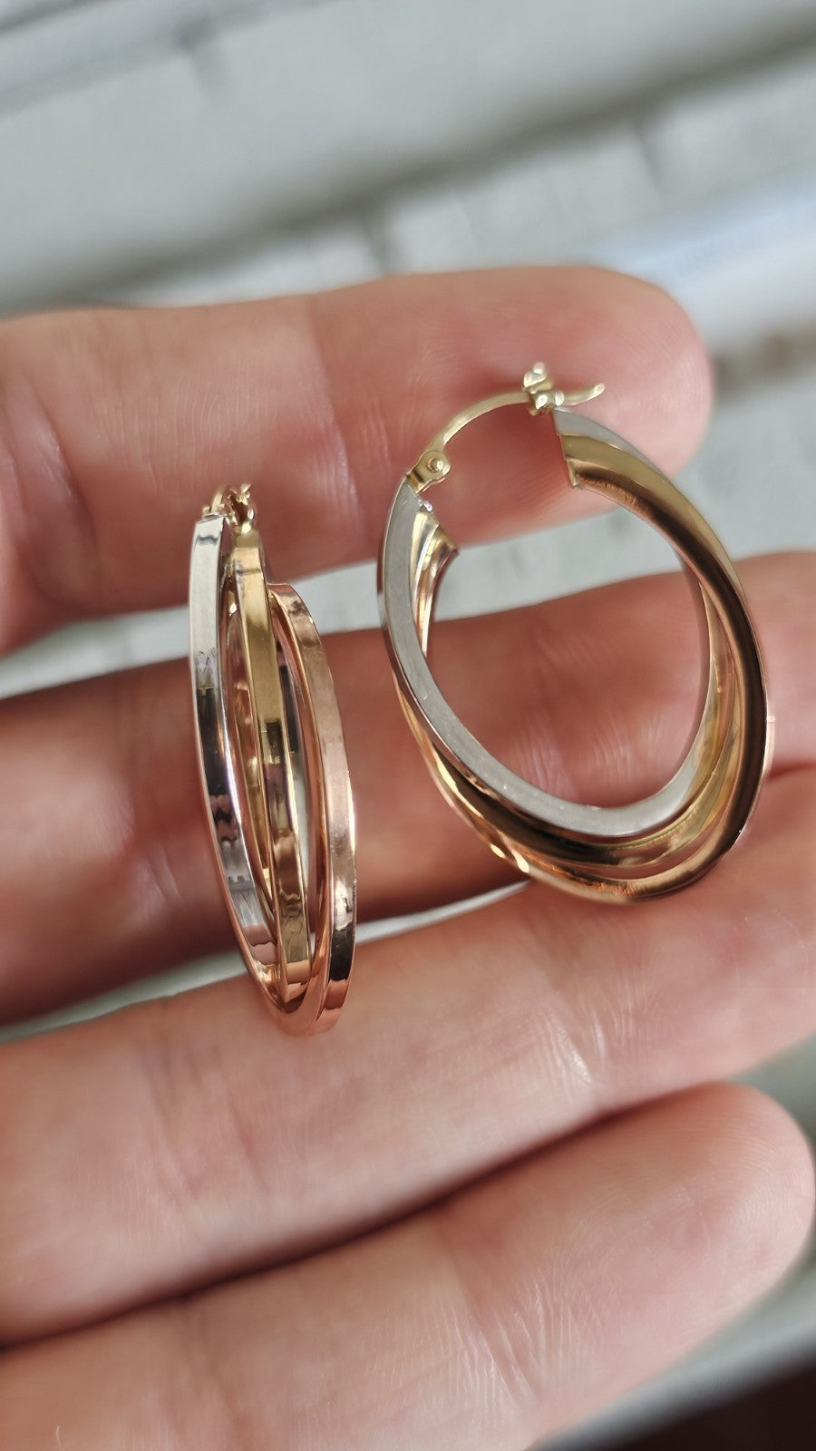 14ct Tri Colour Gold Triple Hoop Earrings 4.79g 33.5mm 14K Rose White Yellow