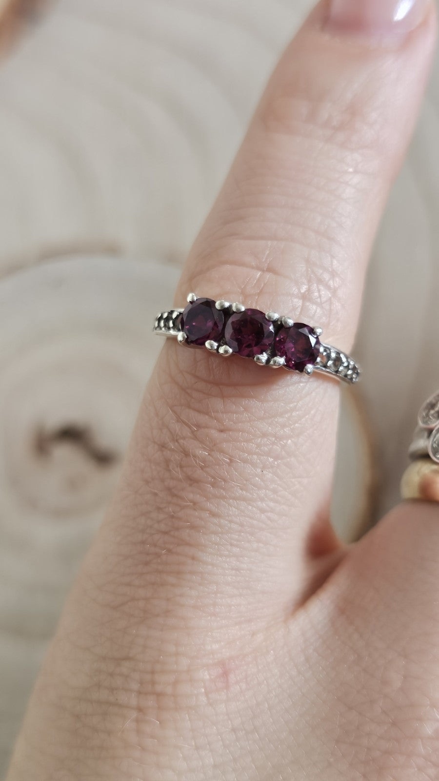 TGGC 925 Sterling Silver Rhodolite Garnet & Zircon Trilogy Ring Size L