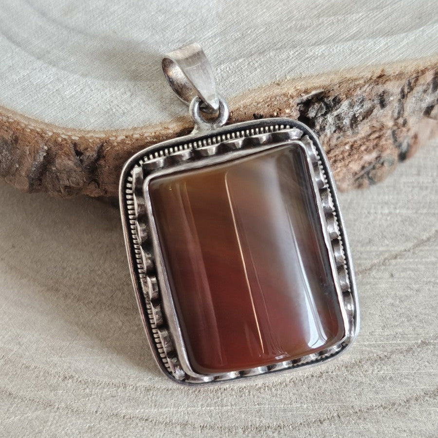 925 Sterling Silver Banded Agate Large Pendant Brown Gemstone 21g