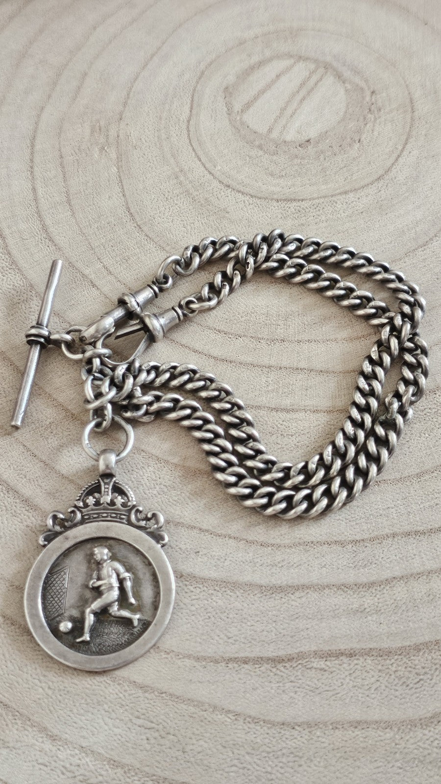 Antique 1911 Chester Sterling Silver Double Albert Chain & Football Fob Medal