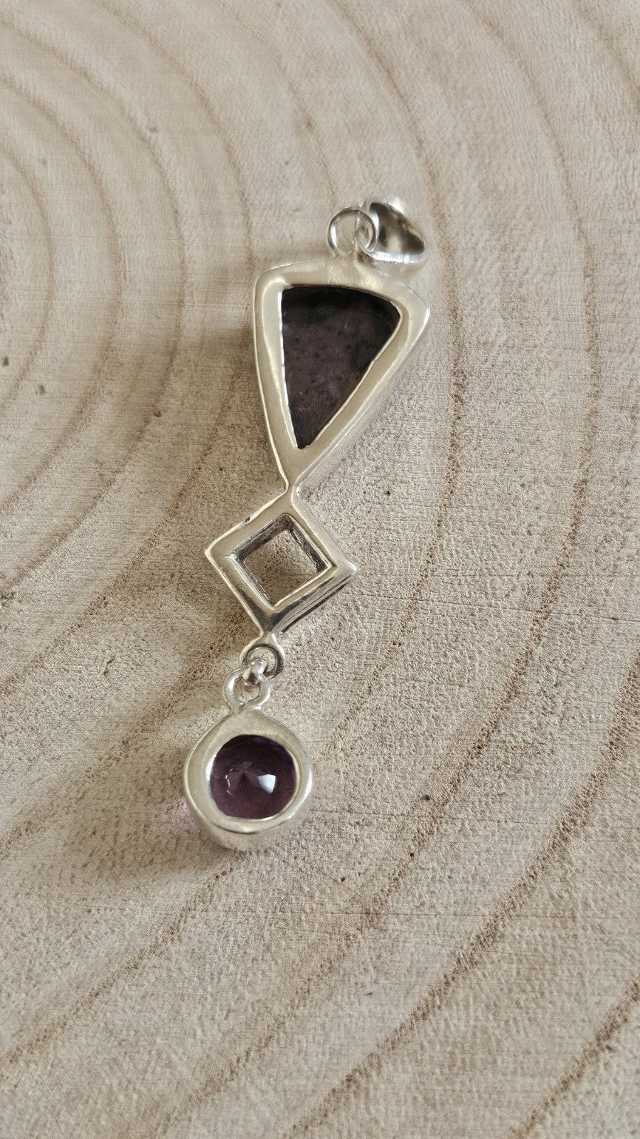925 Sterling Silver Purple Gemstone & Amethyst Geometric Drop Pendant 9.35g