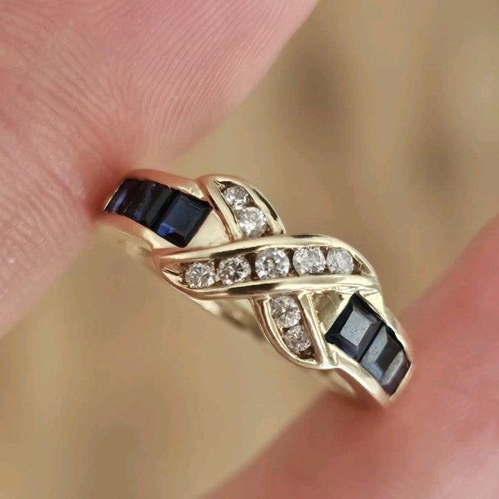 9ct Yellow Gold Natural Diamond Sapphire Crossover Ring Size L Hallmarked 2.70g