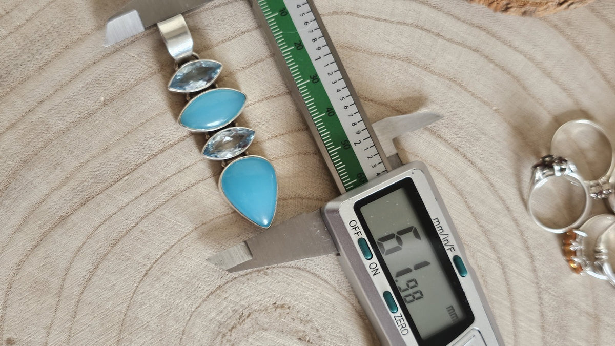 925 Sterling Silver Blue Chalcedony & Blue Topaz Gemstone Pendant – Length 62mm
