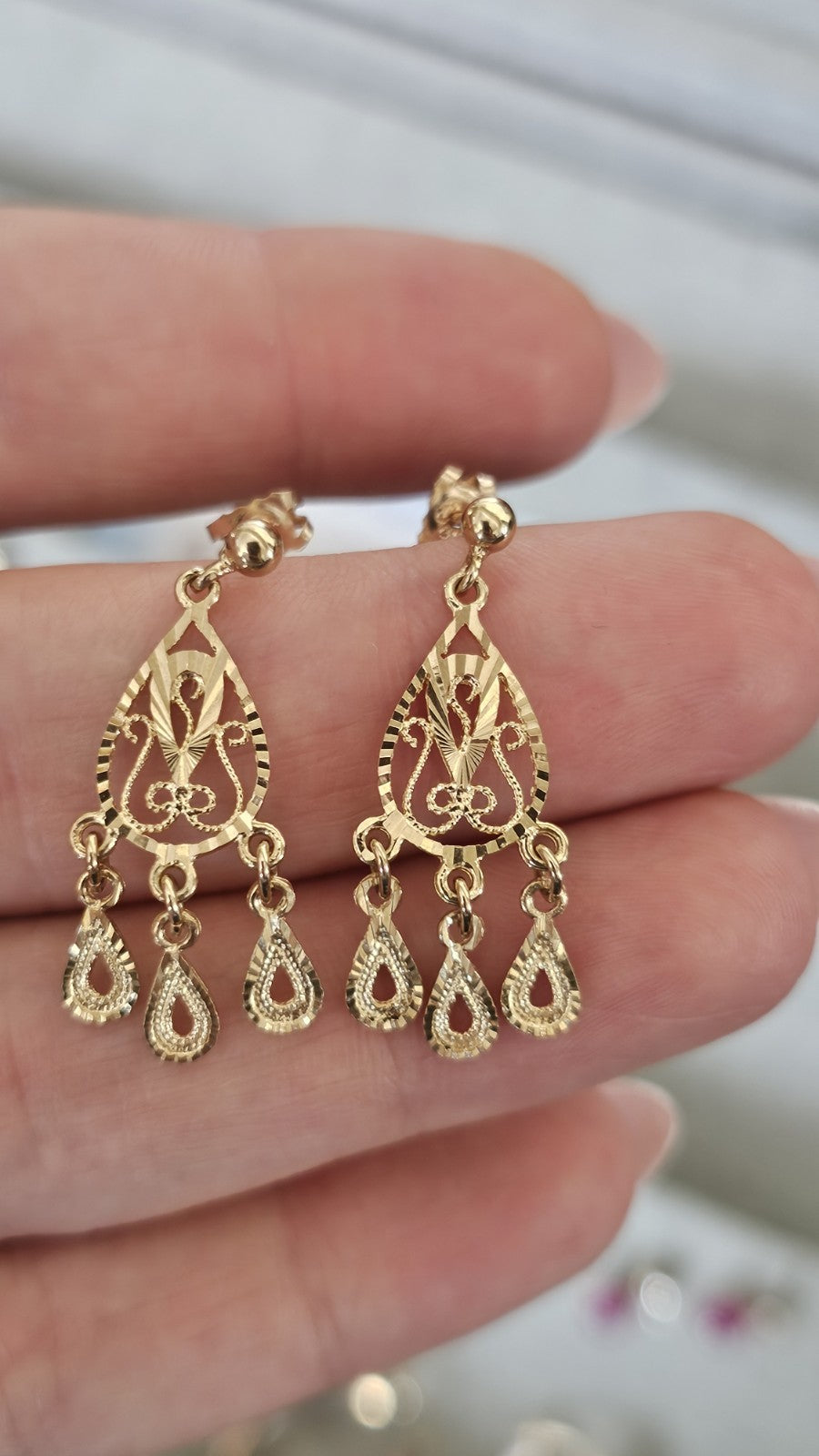 9ct Yellow Gold Filigree Chandelier Drop Earrings 31.8mm 2.62g 375
