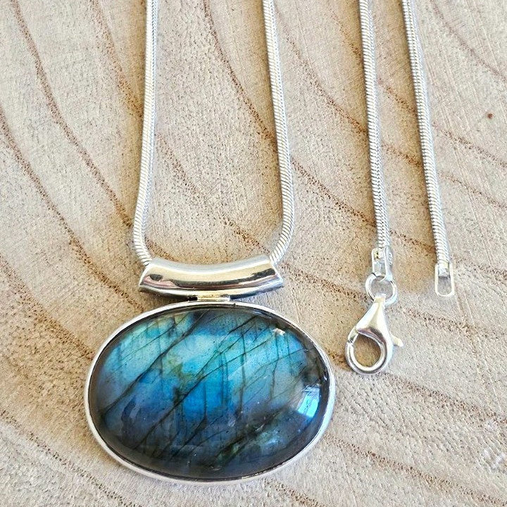 925 Sterling Silver Labradorite Pendant Necklace 20" Snake Chain 20.8g