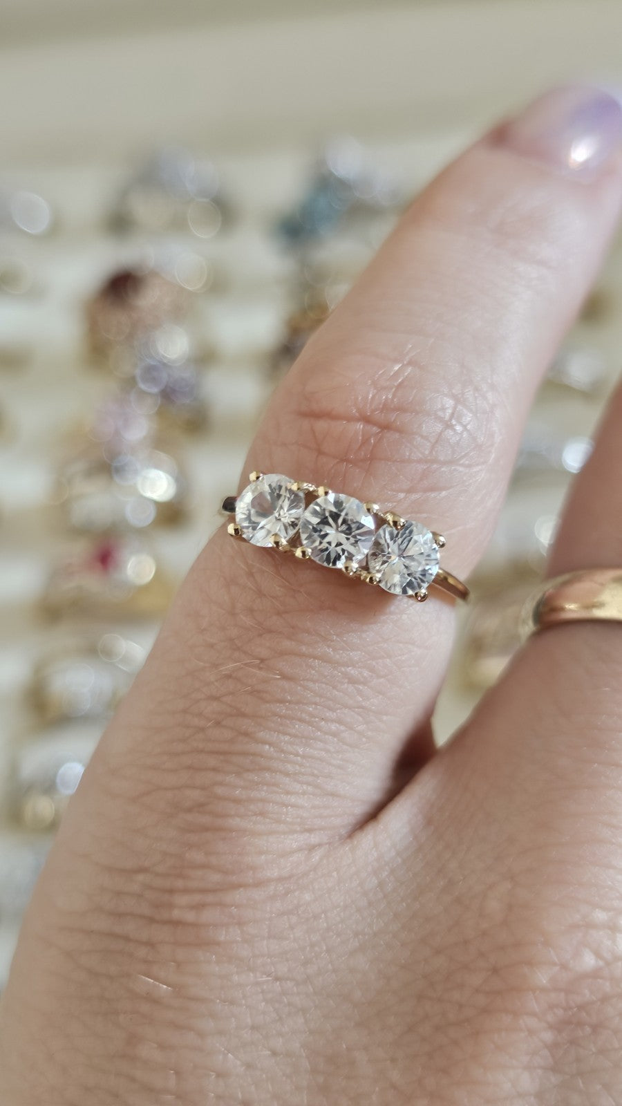 10ct Yellow Gold White Sapphire Trilogy Ring Size L 1/2 , Three Stone Gold Ring