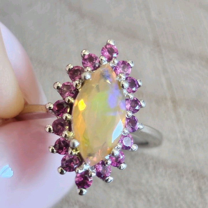 925 Sterling Silver Opal Rhodolite Garnet Halo Statement Ring Size N 1/2 3.90g