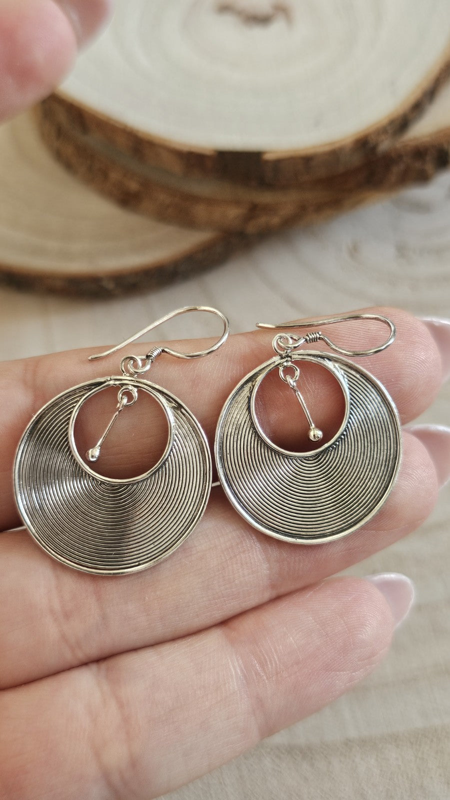 925 Sterling Silver Large Spiral Disc Drop Earrings Circular Dangle 3.64g