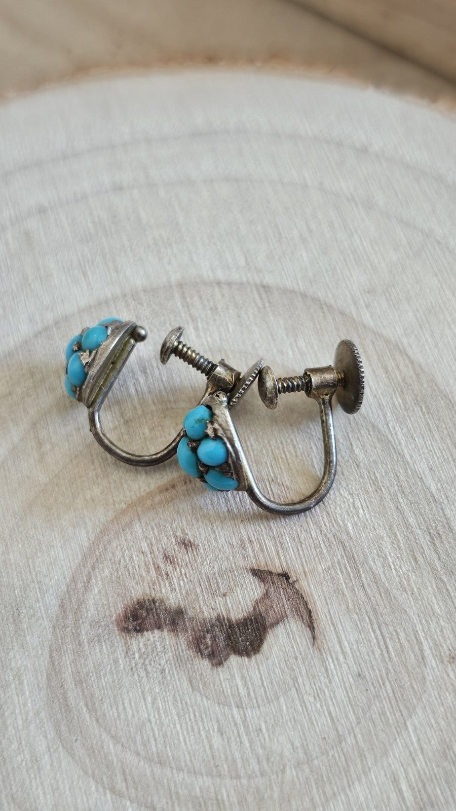 Antique 800 Silver Turquoise Cluster Screw Back Earrings 2.59g