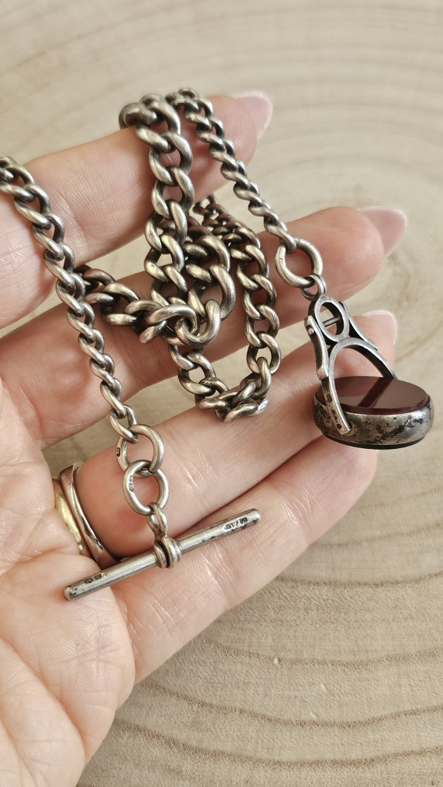 Antique 1901 Sterling Silver Graduated Albert Chain 1889 Carnelian BloodstoneFob