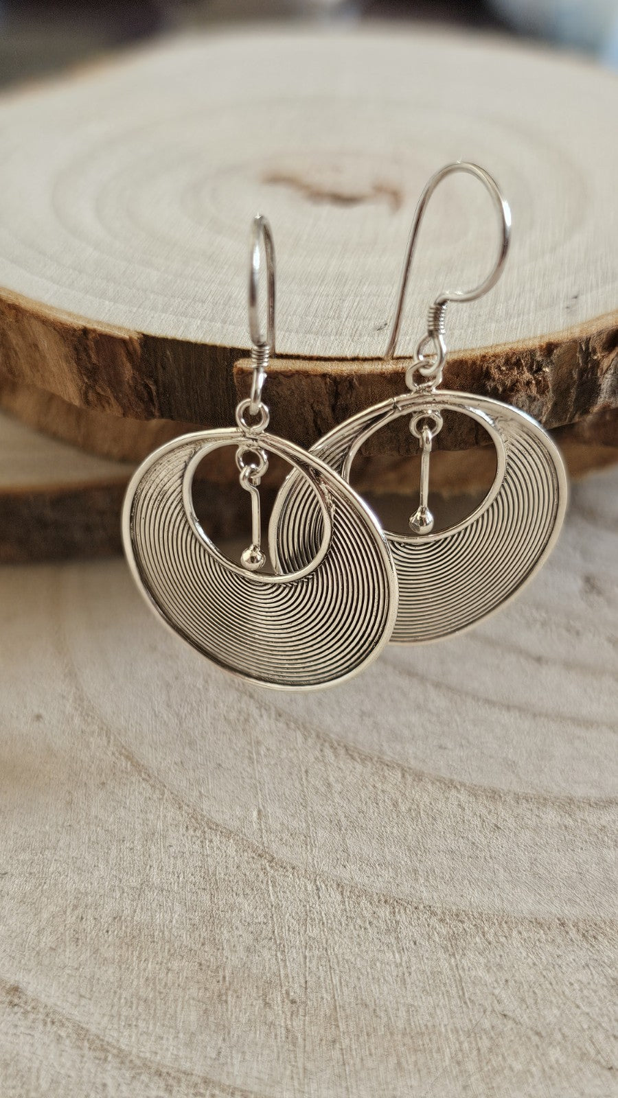 925 Sterling Silver Large Spiral Disc Drop Earrings Circular Dangle 3.64g