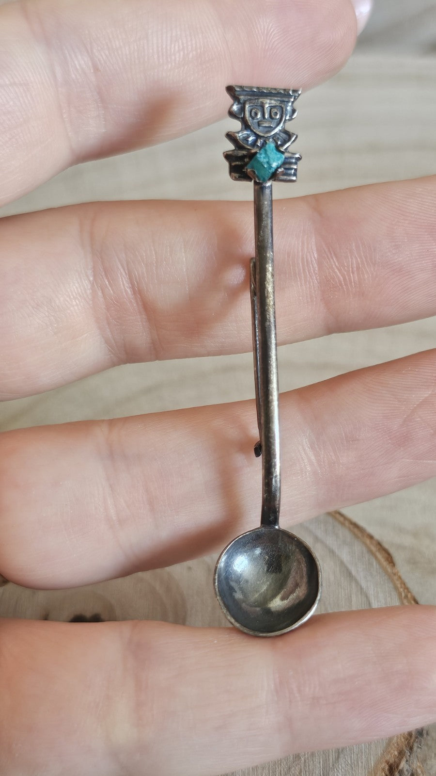 Vintage 900 Silver Spoon Brooch Turquoise Stone Figural Pin 3.28g 64mm
