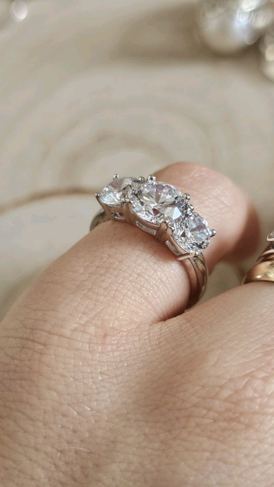 925 Sterling Silver Three Stone Cubic Zirconia Trilogy Ring – Size P – 4.81g
