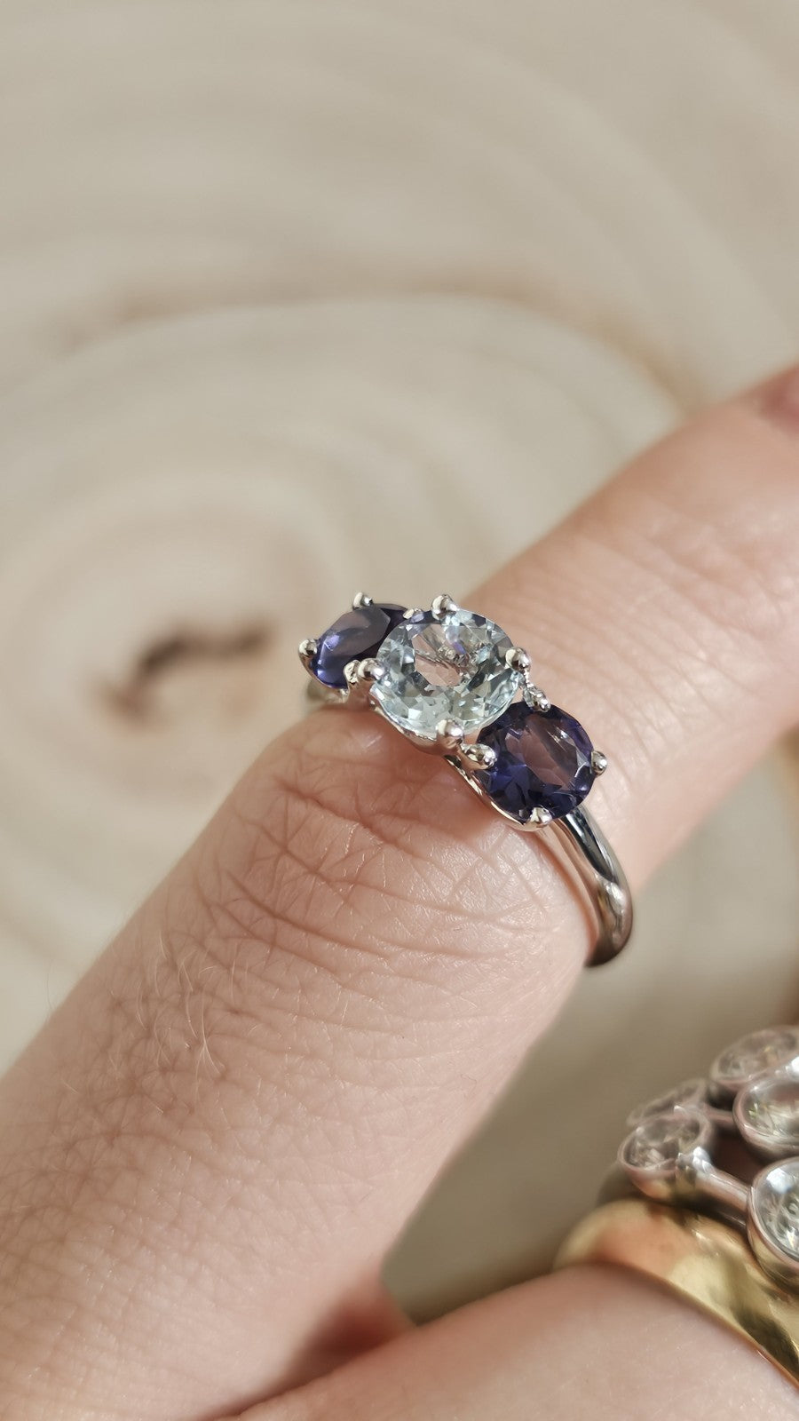 9ct White Gold Natural Aquamarine & Iolite Trilogy Ring Size L Hallmarked