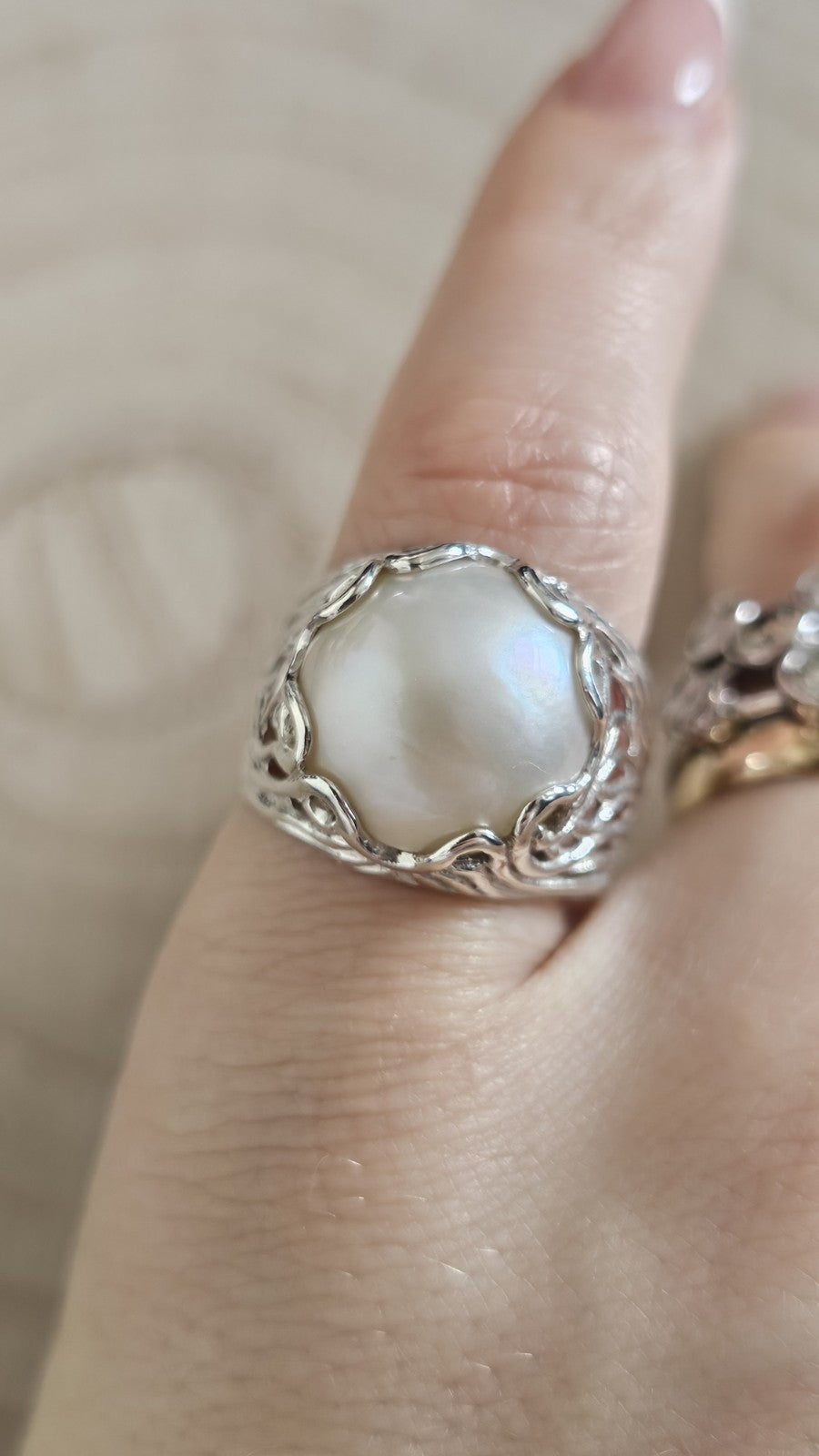 Vintage 925 Sterling Silver Large Pearl Statement Ring – Size R 1/2 – 7.59g