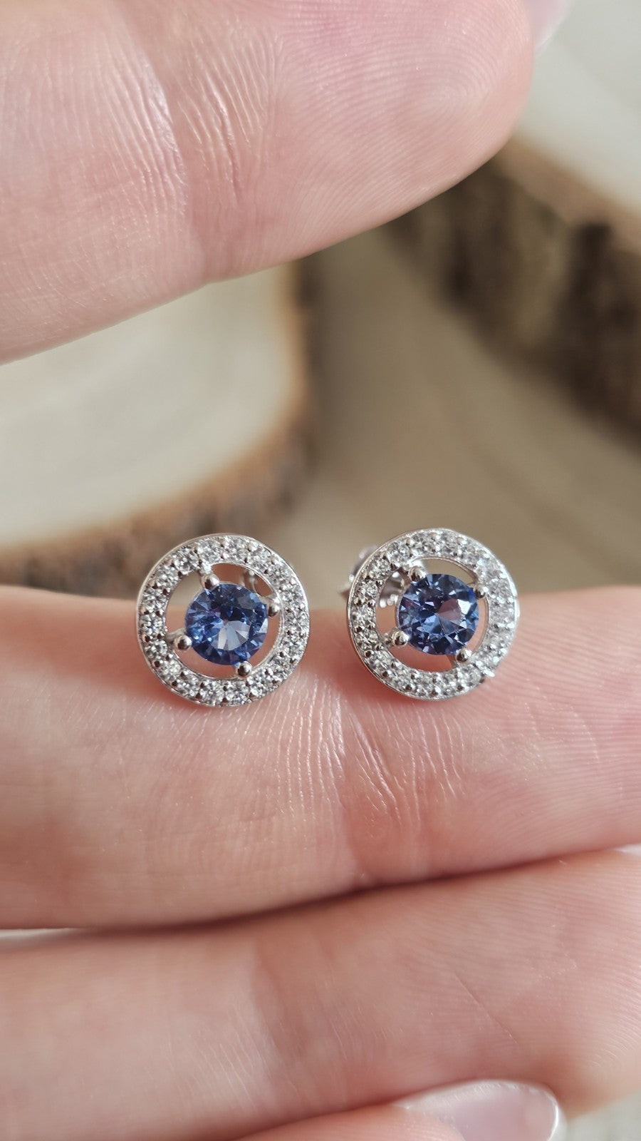 925 Sterling Silver Blue CZ Halo Stud Earrings 9.6mm, New Boxed