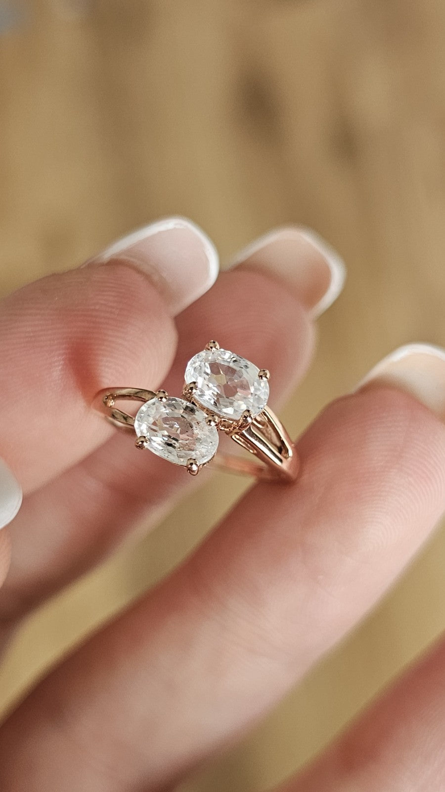 10ct Rose Gold Natural White Topaz Two Stone Ring – Size L 1/2 – 2.47g ✨
