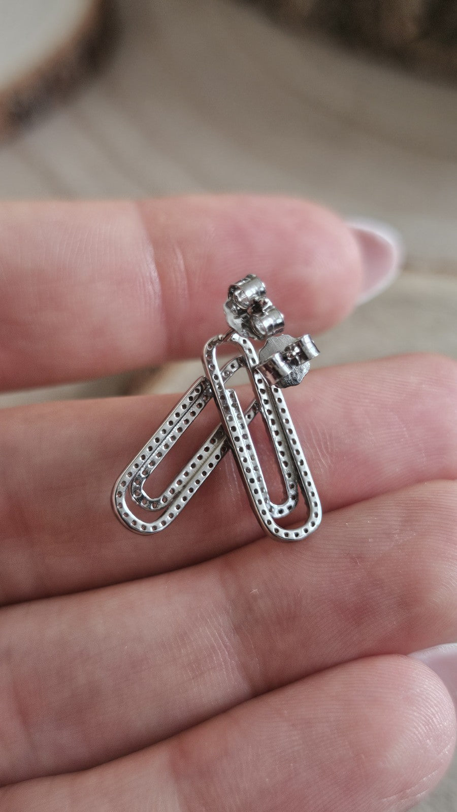 925 Sterling Silver CZ Paperclip Stud Earrings Sparkling Link Design