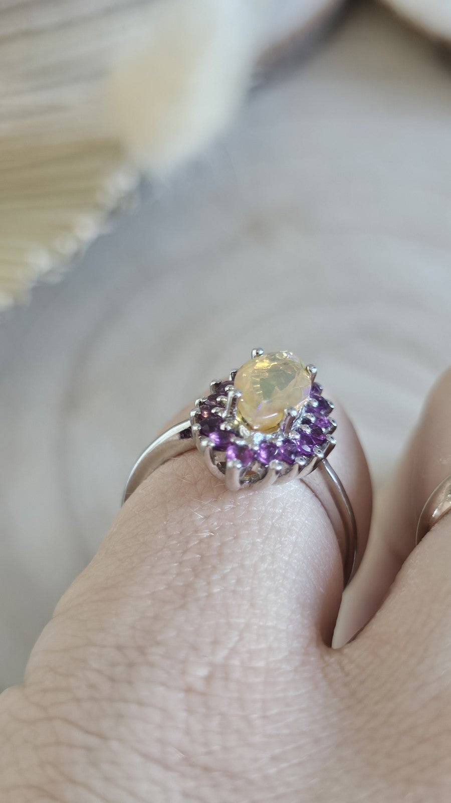 925 Sterling Silver Opal Rhodolite Garnet Halo Statement Ring Size N 1/2 3.90g