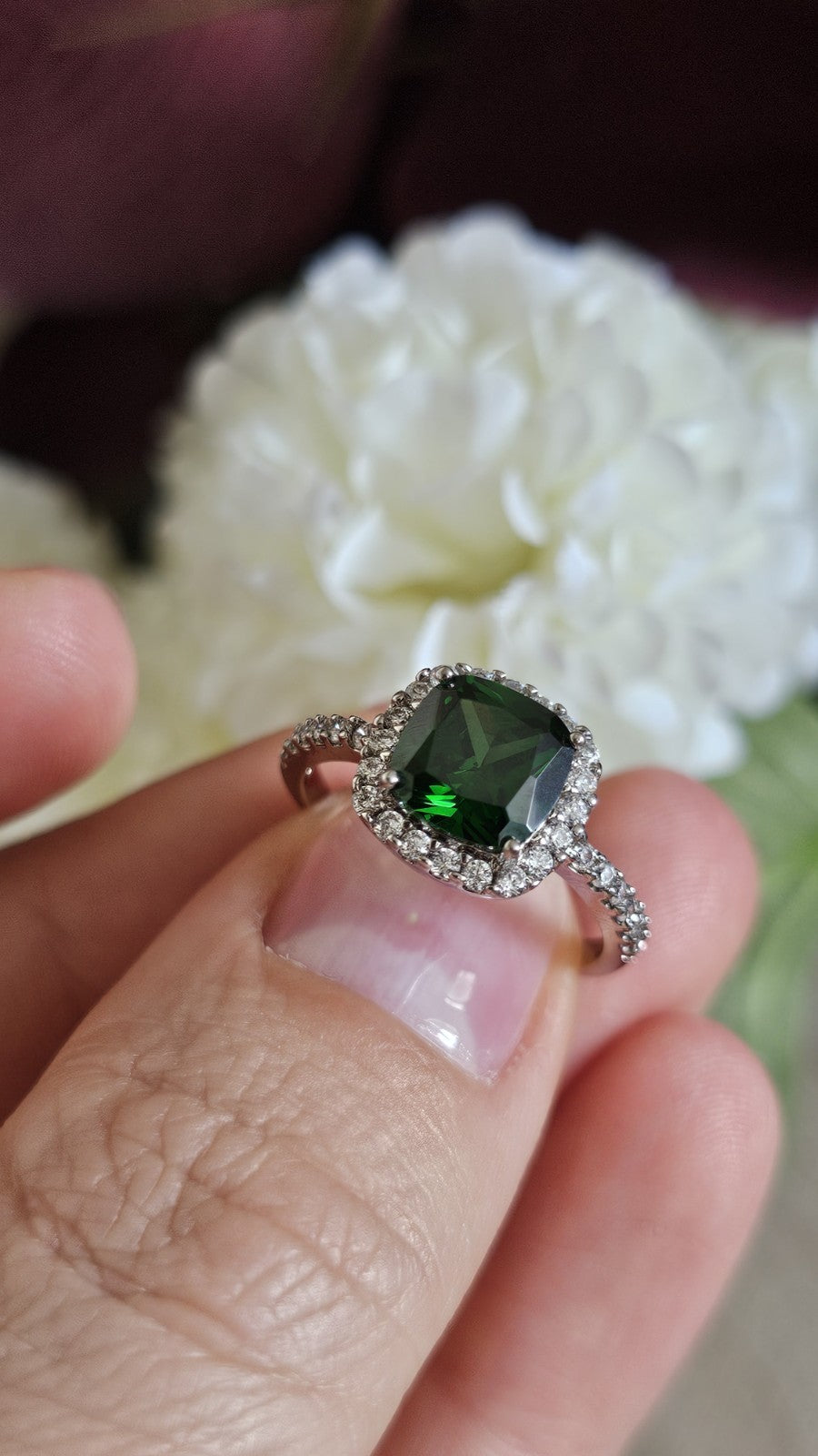 925 Sterling Silver Green CZ Halo Ring Size Q Cushion Cut 3.06g