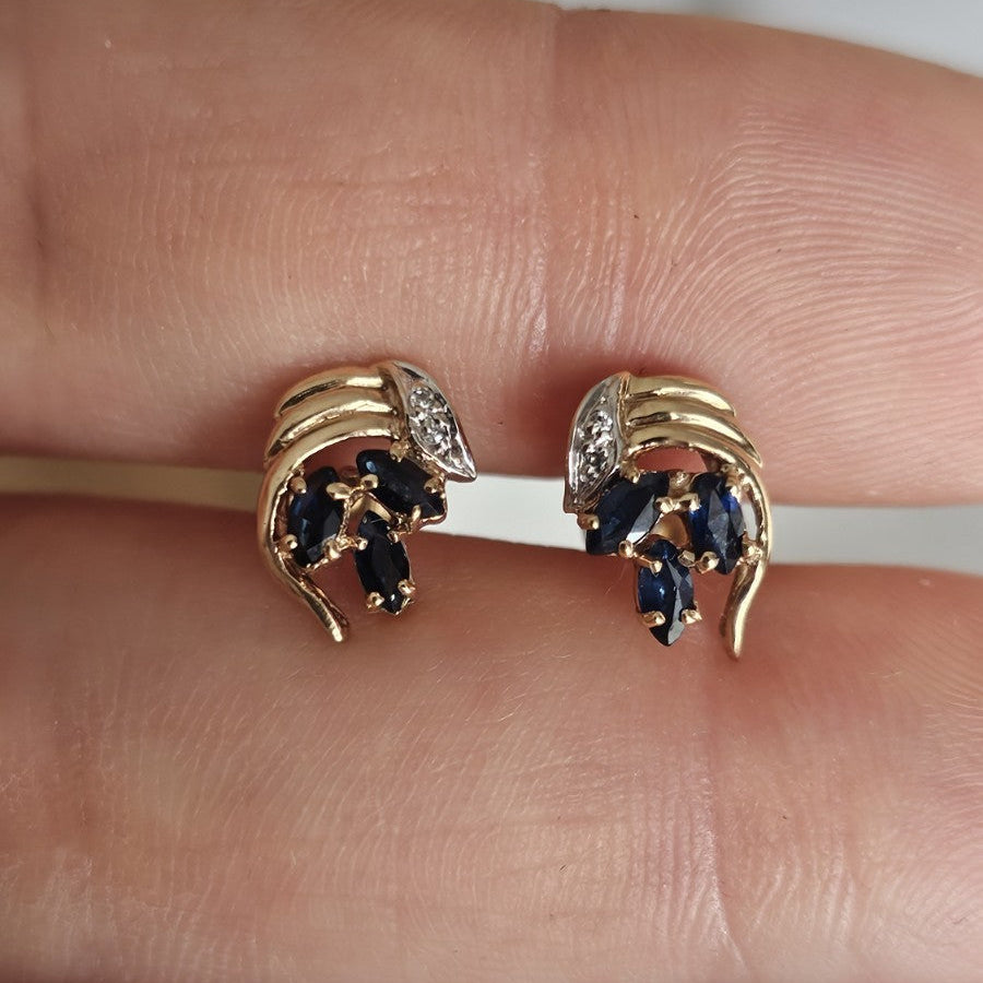 9ct Yellow Gold Natural Sapphire & Diamond Stud Earrings – Hallmarked