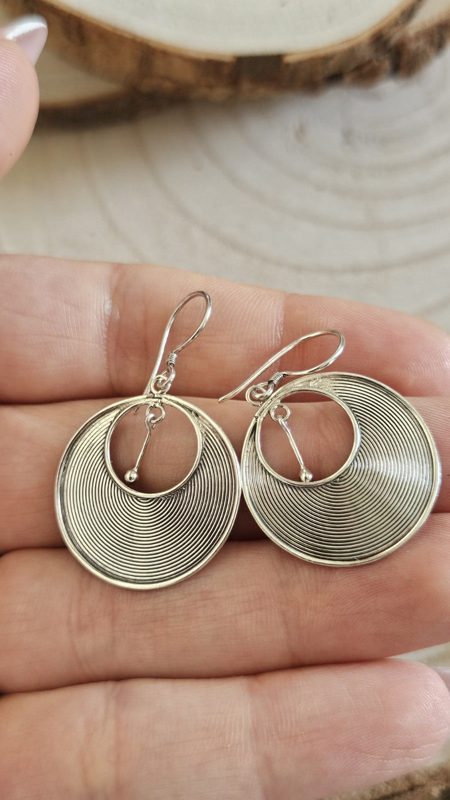 925 Sterling Silver Large Spiral Disc Drop Earrings Circular Dangle 3.64g