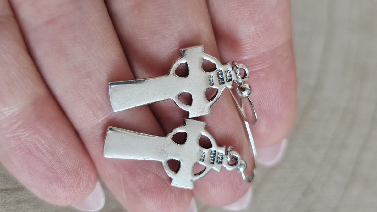 925 Sterling Silver Celtic Cross Drop Dangle Earrings – length 39.88 mm