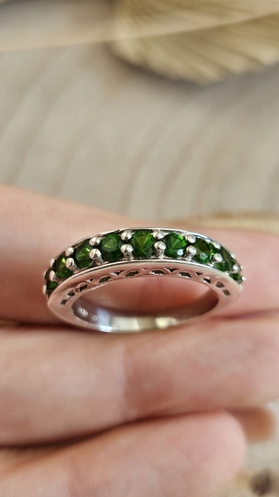 925 Sterling Silver Chrome Diopside Half Eternity Ring Size R 1/2 5g